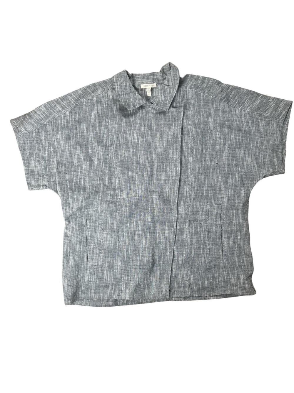 EILEEN FISHER Blouse Womens S Petites Gray Kimono Linen Pocket Collared Relaxed
